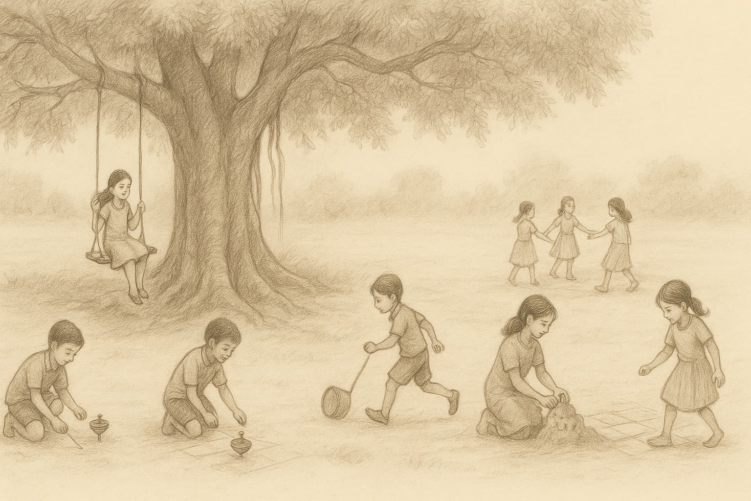 Pencil illustration of children playing under a tree—swinging, spinning tops, and exploring together